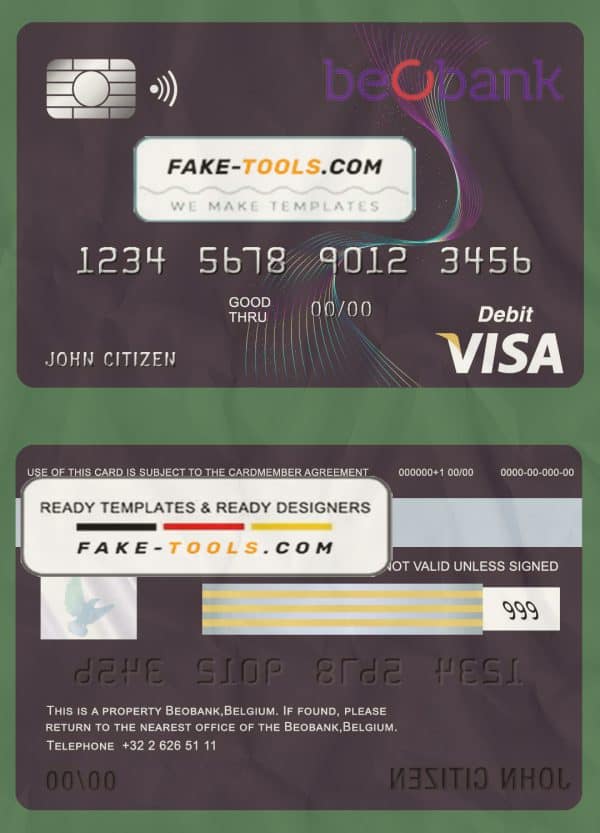 Belgium Beobank visa card debit card template in PSD format, fully editable