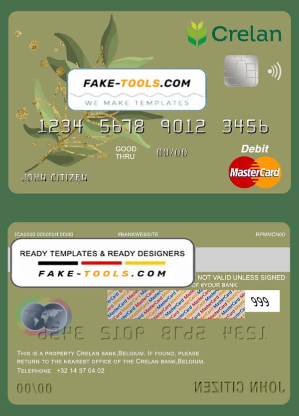 Belgium Crelan bank mastercard debit card template in PSD format, fully editable