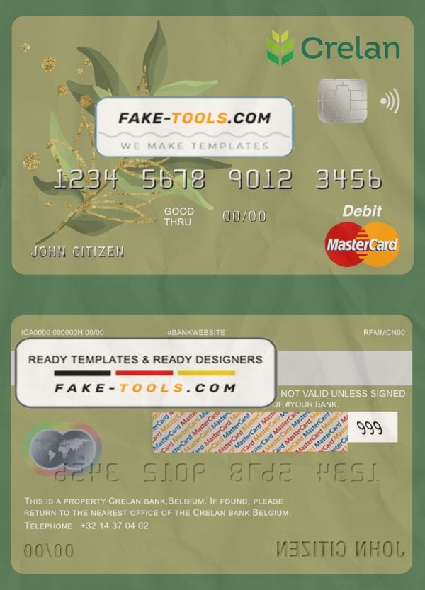 Belgium Crelan bank mastercard debit card template in PSD format, fully editable
