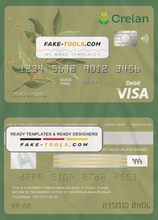 Belgium Crelan bank visa card debit card template in PSD format, fully editable