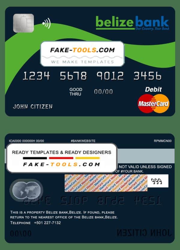 Belize Belizebank mastercard debit card template in PSD format, fully editable