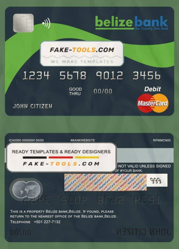 Belize Belizebank mastercard debit card template in PSD format, fully editable