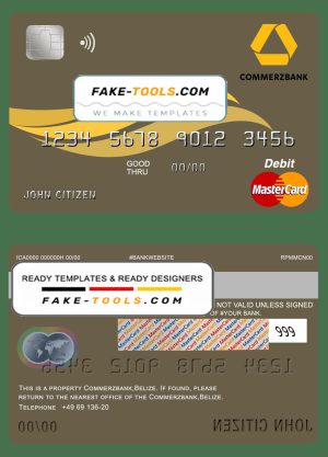 Belize Commerzbank mastercard debit card template in PSD format, fully editable