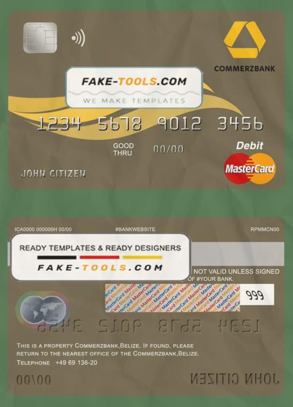 Belize Commerzbank mastercard debit card template in PSD format, fully editable