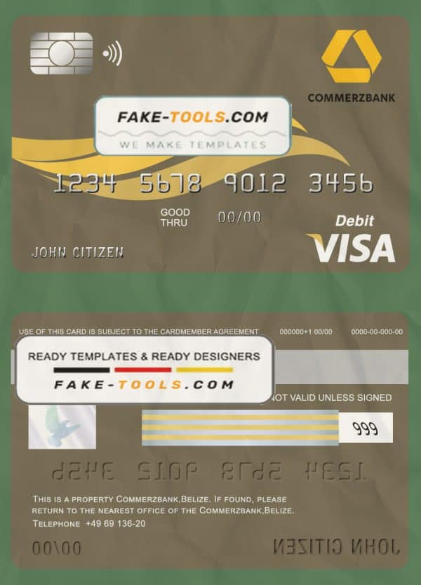 Belize Commerzbank visa card debit card template in PSD format, fully editable