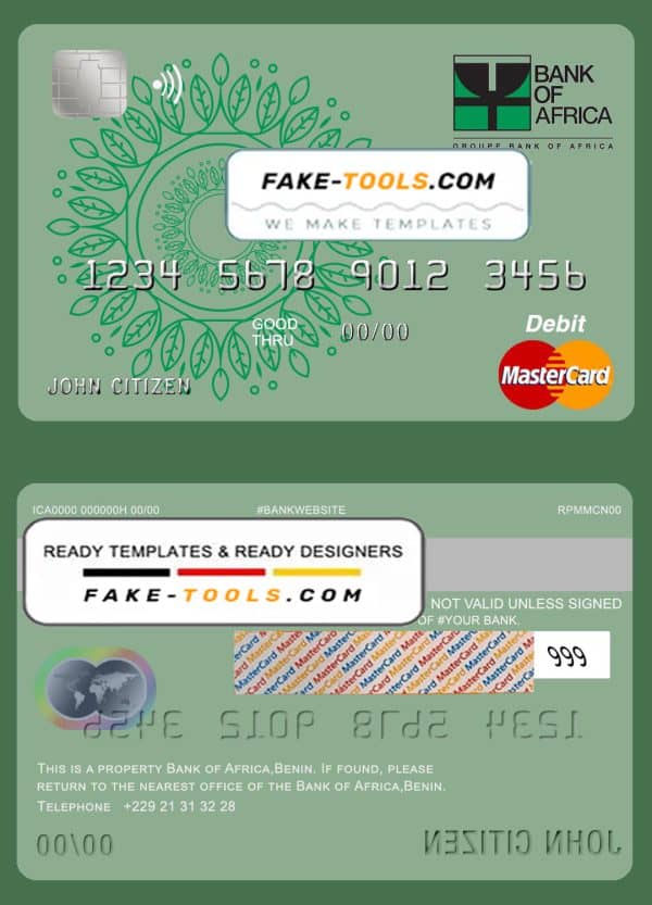 Benin Bank of Africa mastercard debit card template in PSD format, fully editable