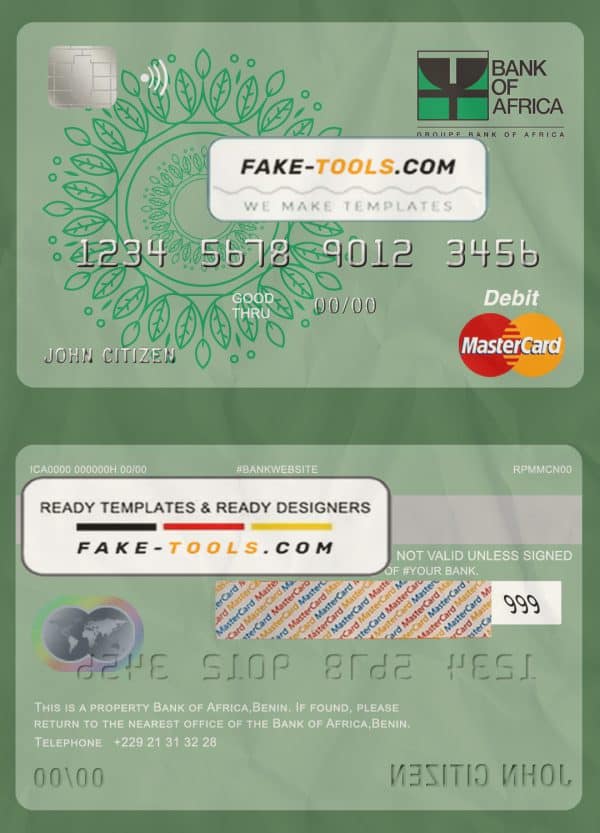 Benin Bank of Africa mastercard debit card template in PSD format, fully editable