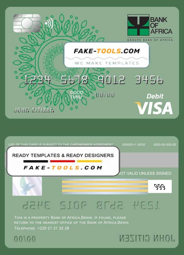 Benin Bank of Africa visa card debit card template in PSD format, fully editable
