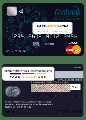 Benin Ecobank mastercard debit card template in PSD format, fully editable