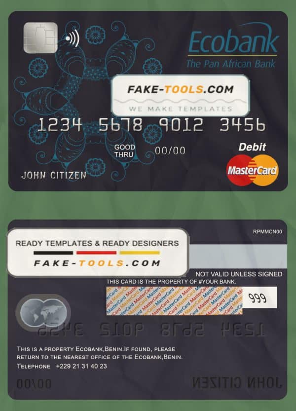 Benin Ecobank mastercard debit card template in PSD format, fully editable