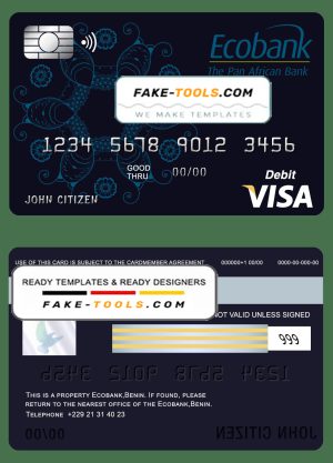 Benin Ecobank visa card debit card template in PSD format, fully editable