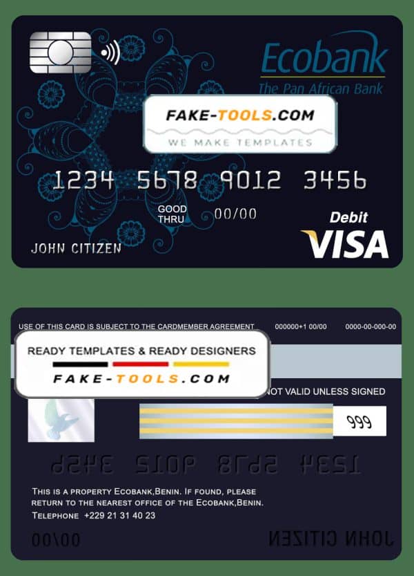 Benin Ecobank visa card debit card template in PSD format, fully editable