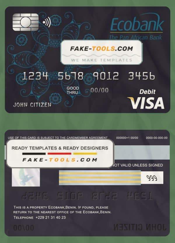 Benin Ecobank visa card debit card template in PSD format, fully editable