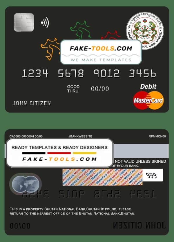 Bhutan National Bank mastercard debit card template in PSD format, fully editable