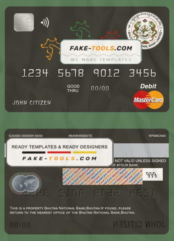 Bhutan National Bank mastercard debit card template in PSD format, fully editable