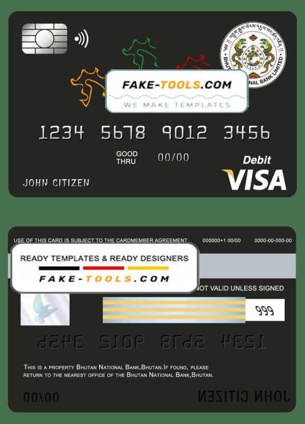 Bhutan National Bank visa card debit card template in PSD format, fully editable