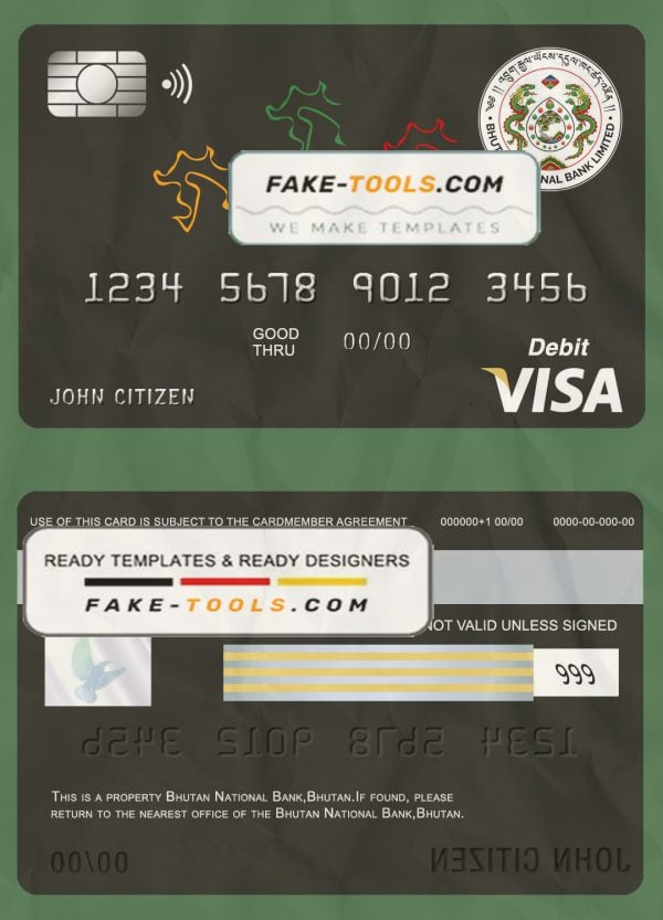 Bhutan National Bank visa card debit card template in PSD format, fully editable