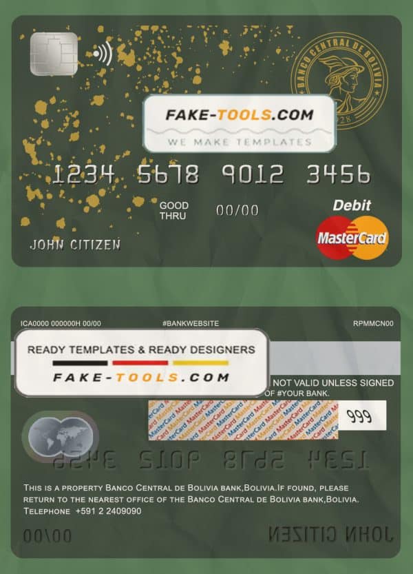 Bolivia Banco Central de Bolivia bank mastercard debit card template in PSD format, fully editable