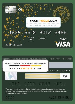 Bolivia Banco Central de Bolivia bank visa card debit card template in PSD format, fully editable