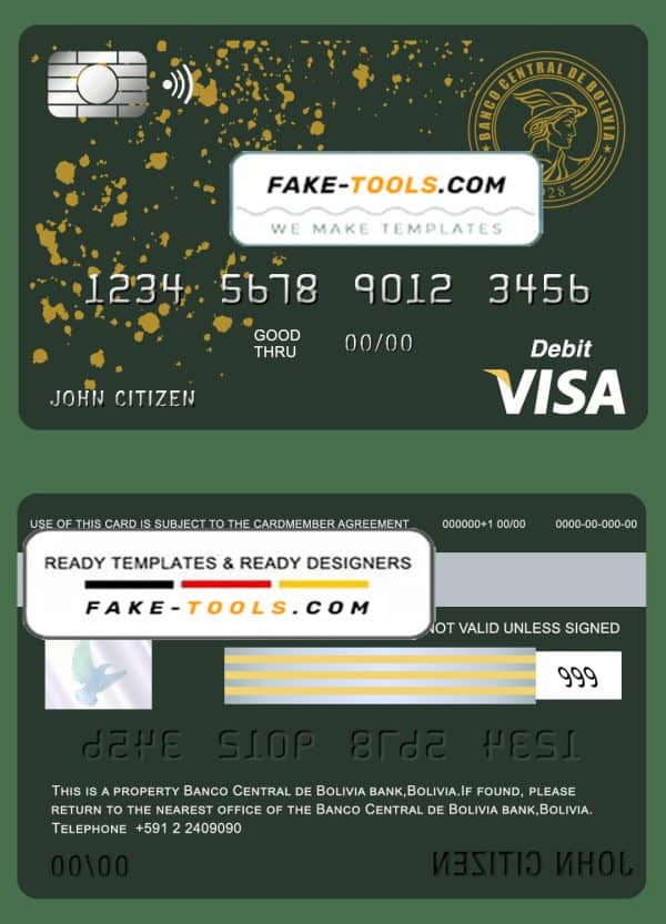 Bolivia Banco Central de Bolivia bank visa card debit card template in PSD format, fully editable
