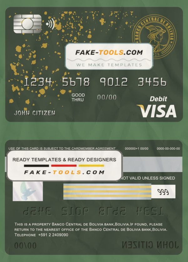 Bolivia Banco Central de Bolivia bank visa card debit card template in PSD format, fully editable