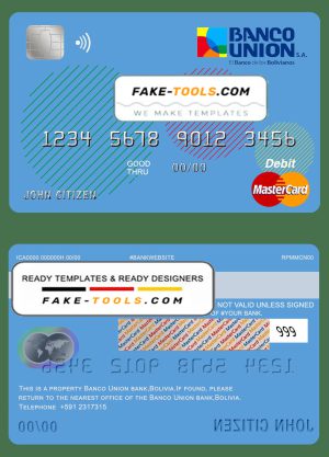 Bolivia Banco Union bank mastercard debit card template in PSD format, fully editable
