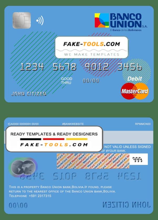 Bolivia Banco Union bank mastercard debit card template in PSD format, fully editable