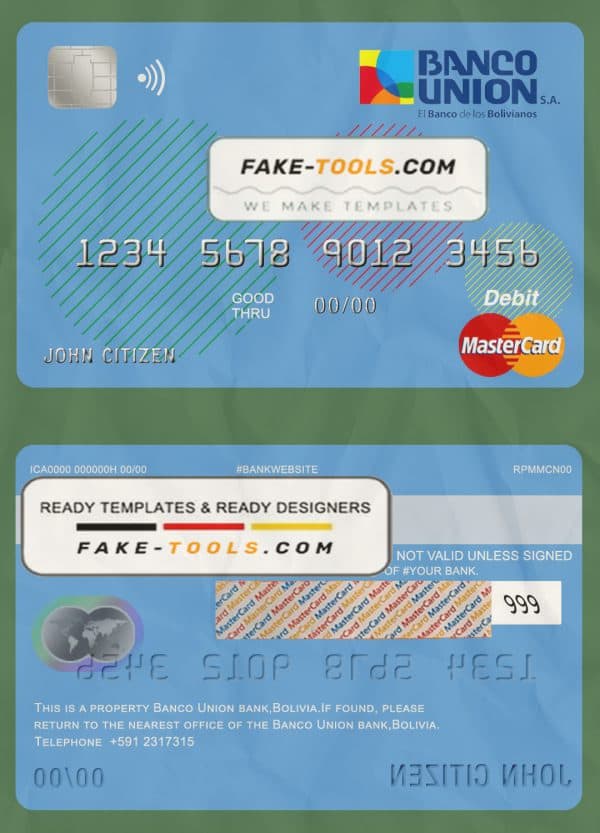 Bolivia Banco Union bank mastercard debit card template in PSD format, fully editable