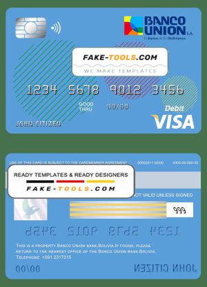 Bolivia Banco Union bank visa card debit card template in PSD format, fully editable