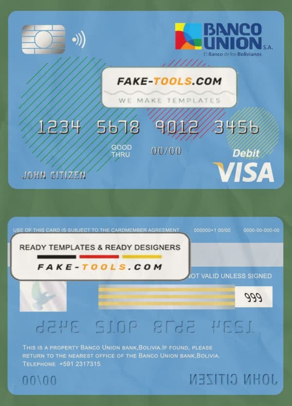 Bolivia Banco Union bank visa card debit card template in PSD format, fully editable