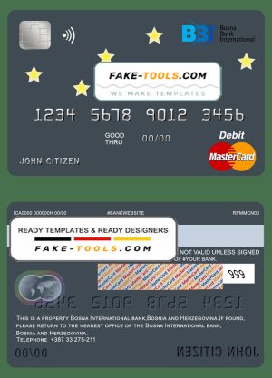 Bosnia and Herzegovina Bosna Bank International bank mastercard debit card template in PSD format, fully editable