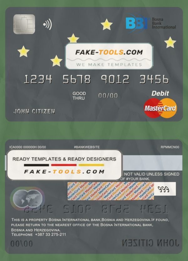 Bosnia and Herzegovina Bosna Bank International bank mastercard debit card template in PSD format, fully editable