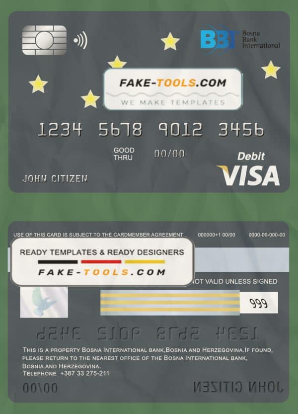 Bosnia and Herzegovina Bosna Bank International bank visa card debit card template in PSD format, fully editable