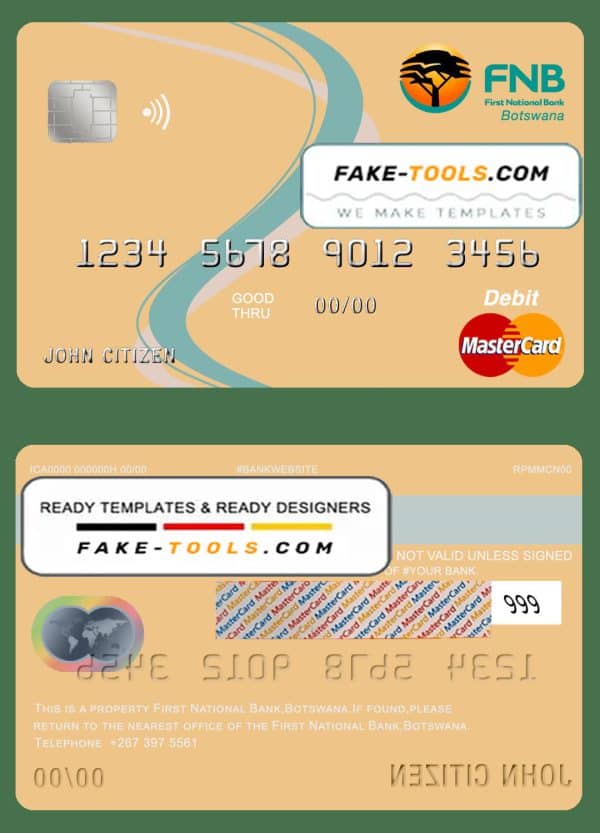Botswana First National Bank mastercard debit card template in PSD format, fully editable