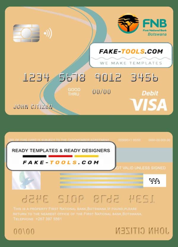 Botswana First National Bank visa card debit card template in PSD format, fully editable