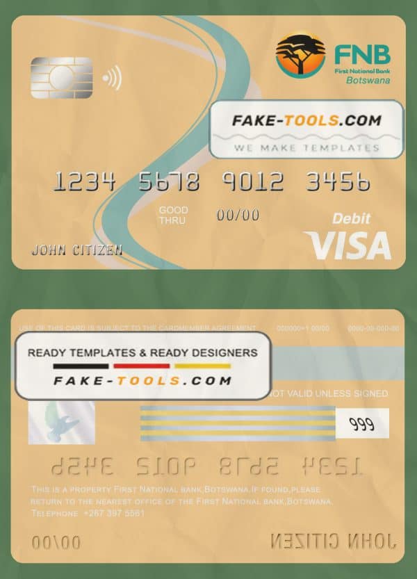 Botswana First National Bank visa card debit card template in PSD format, fully editable