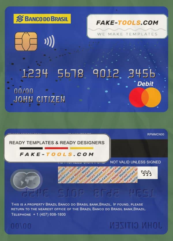 Brazil Banco do Brasil bank mastercard debit card template in PSD format, fully editable