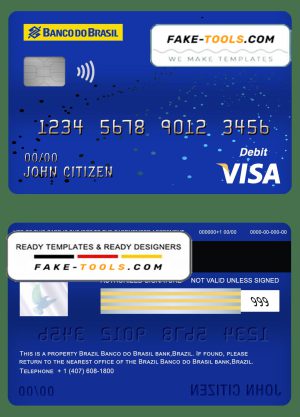 Brazil Banco do Brasil bank visa card debit card template in PSD format, fully editable