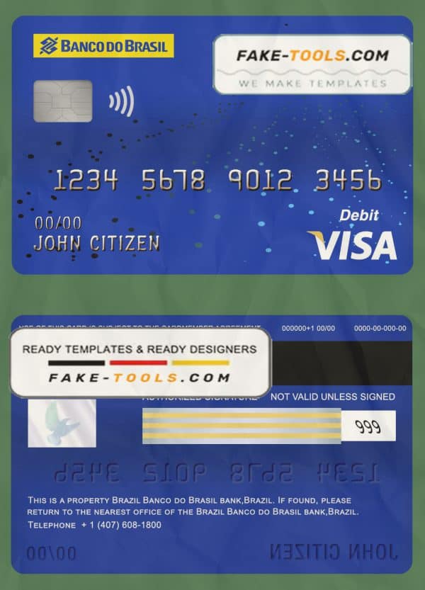 Brazil Banco do Brasil bank visa card debit card template in PSD format, fully editable