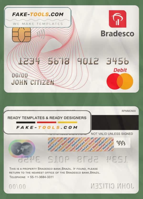Brazil Bradesco bank mastercard debit card template in PSD format, fully editable