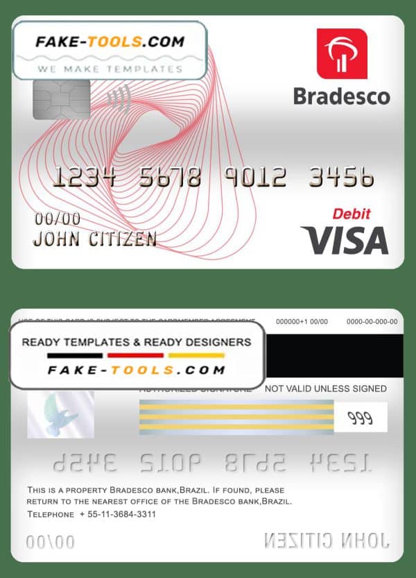 Brazil Bradesco bank visa card debit card template in PSD format, fully editable