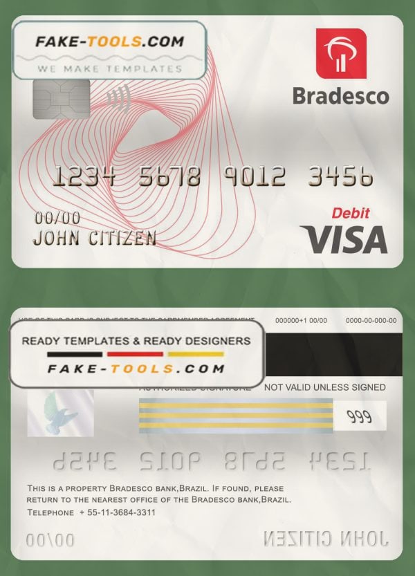 Brazil Bradesco bank visa card debit card template in PSD format, fully editable