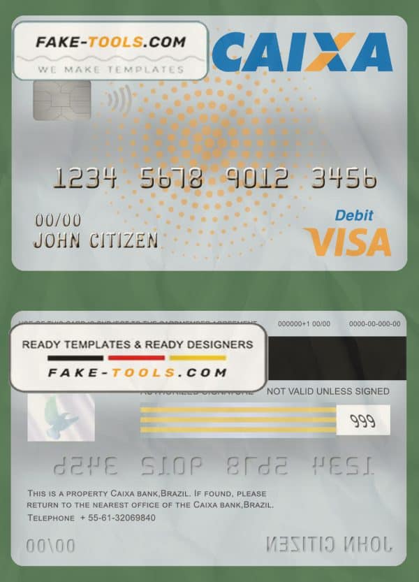 Brazil Caixa bank visa card debit card template in PSD format, fully editable