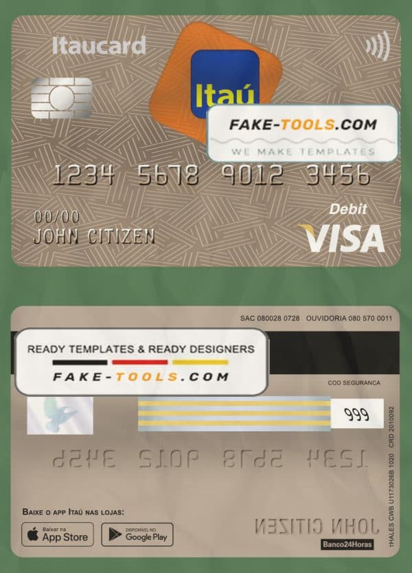 Brazil Itaú bank visa card debit card template in PSD format, fully editable