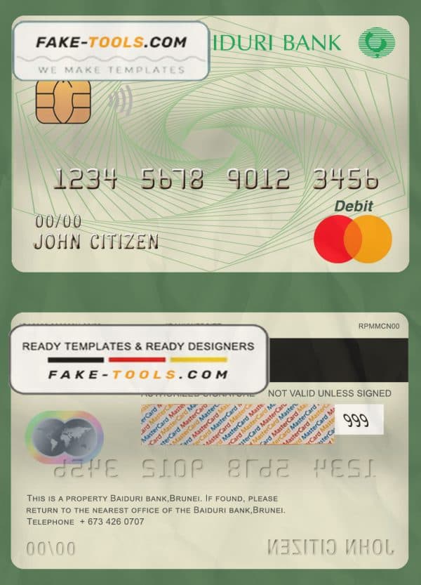Brunei Baiduri Bank mastercard debit card template in PSD format, fully editable
