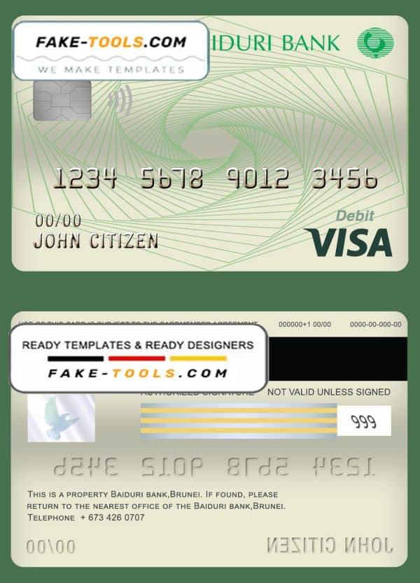 Brunei Baiduri Bank visa card debit card template in PSD format, fully editable