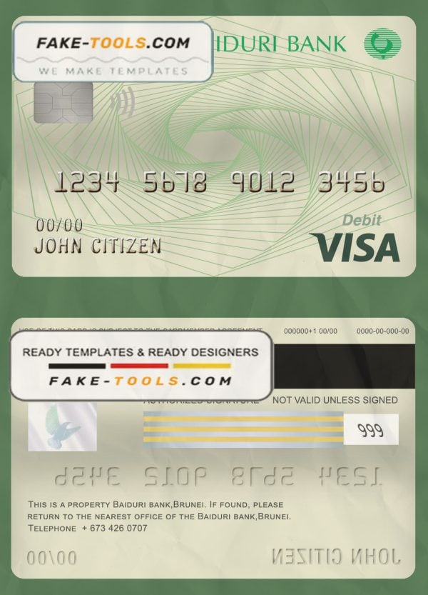 Brunei Baiduri Bank visa card debit card template in PSD format, fully editable