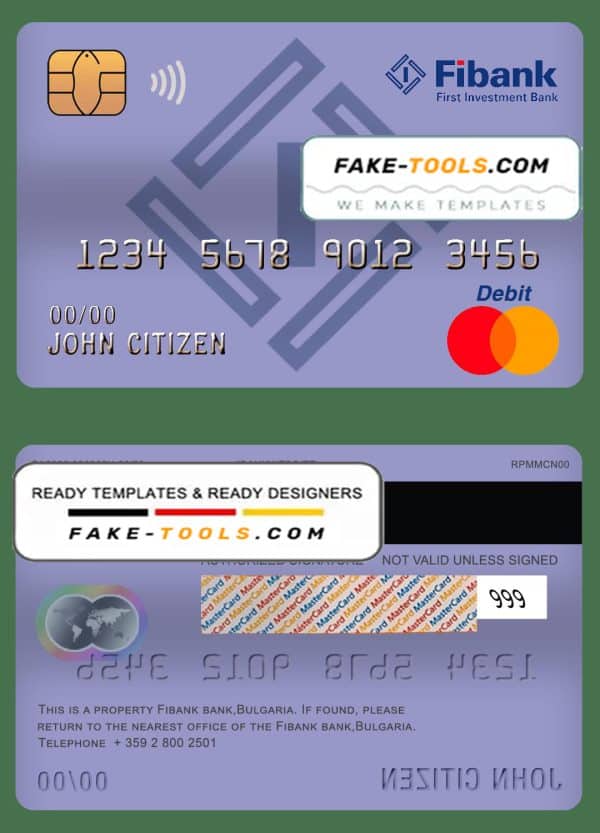 Bulgaria Fibank bank mastercard debit card template in PSD format, fully editable