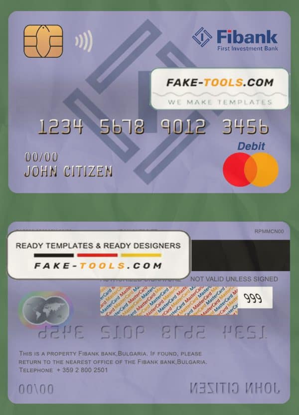 Bulgaria Fibank bank mastercard debit card template in PSD format, fully editable