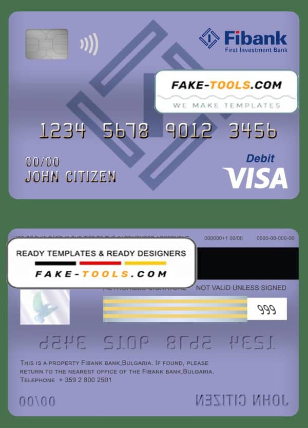Bulgaria Fibank bank visa card debit card template in PSD format, fully editable